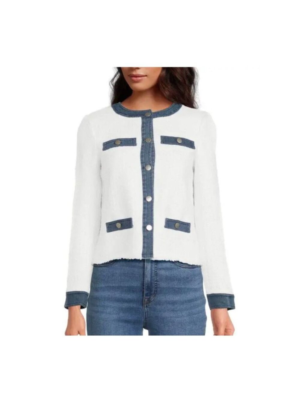 Ecru Denim Trim Tweed Button Jacket White NWT - Size XS